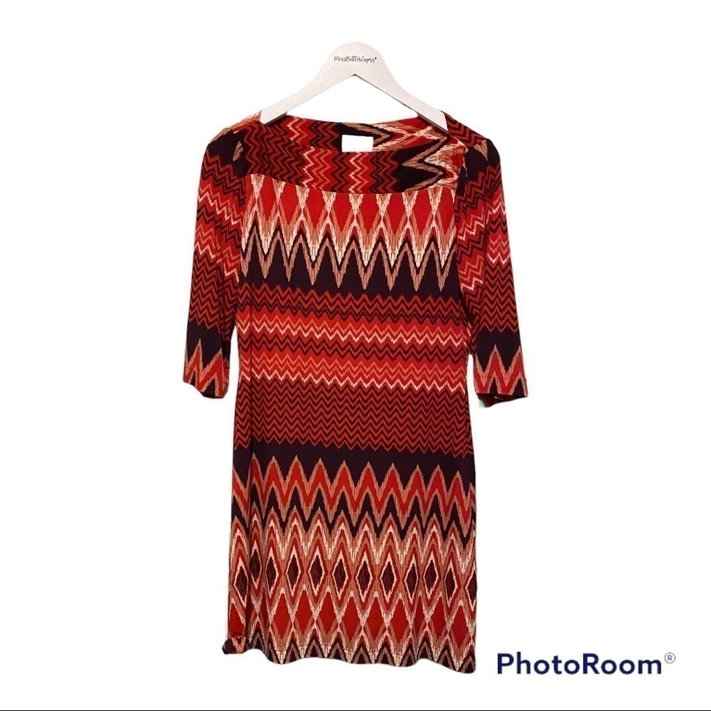 Donna Morgan Dresses | Red Aztec Printed Sheath Dress With a Boat Neck line | 6